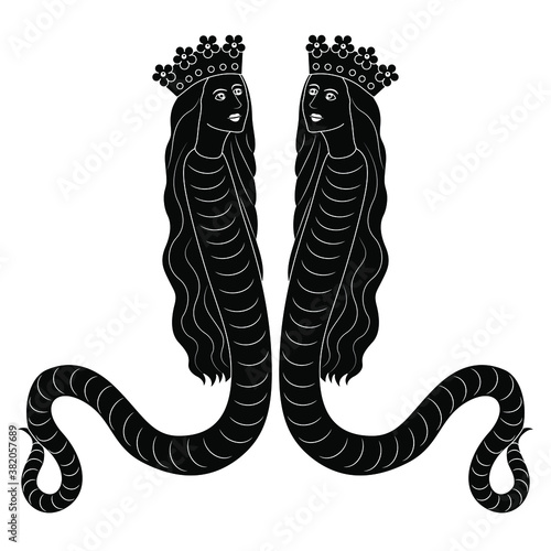 Symmetrical decor with two fantastic lady snakes in royal crowns. Lilith or Melusine. Medieval art. Black and white silhouette.