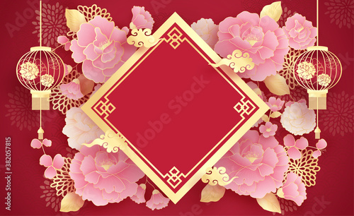 Happy Chinese new year background, template with hanging lantern and peony flowers, paper cut style vector illustration. 