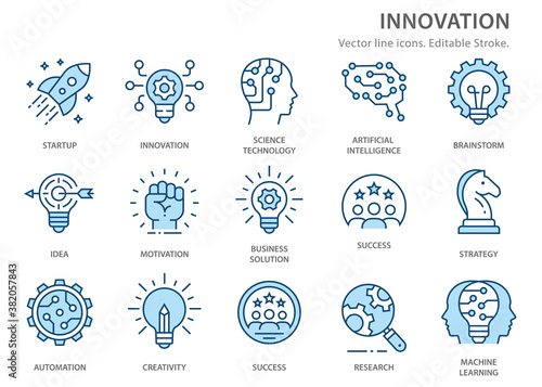 Innovation flat line icons. Vector illustration. Editable stroke.