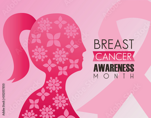 breast cancer campaign lettering with pink ribbon and woman profile silhouette