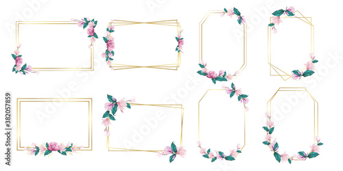 Set of golden frame decored with watercolor flower for branding and wedding monogram logo design. 