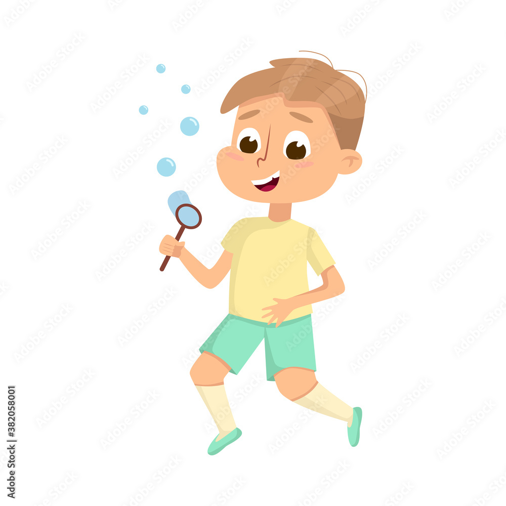 Cute Boy Blowing Soap Bubbles Through Wand, Adorable Little Kid Having Fun Cartoon Style Vector Illustration Cute Boy Blowing Soap Bubbles Through Wand, Adorable Little Kid Having Fun Cartoon Style Vector Illustration