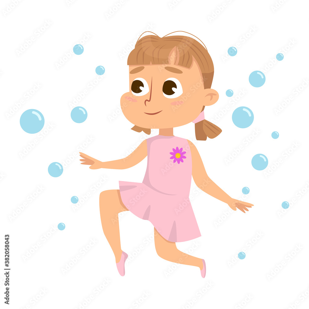 Lovely Girl Having Fun with Soap Bubbles, Kids Leisure, Outdoor Hobby Game Cartoon Style Vector Illustration Lovely Girl Having Fun with Soap Bubbles, Kids Leisure, Outdoor Hobby Game Cartoon Style Vector Illustration