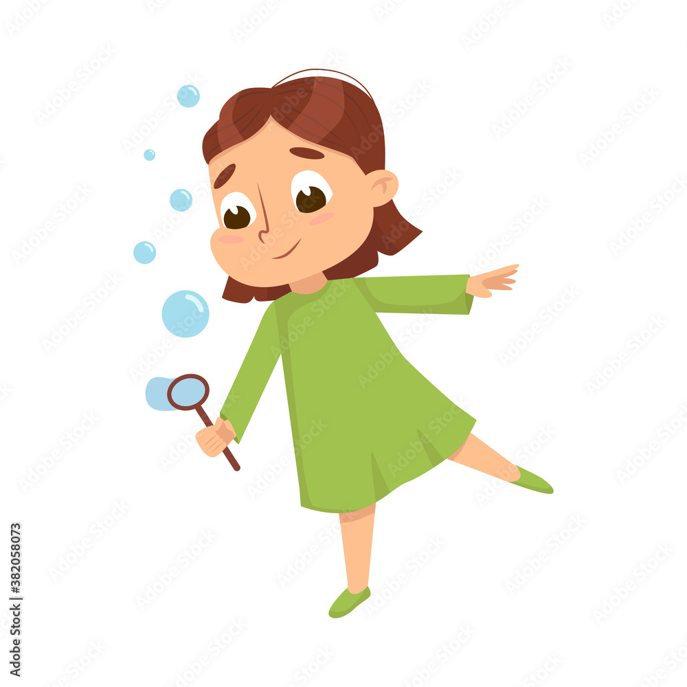 Lovely Girl Blowing Soap Bubbles Through Wand, Cute Girl Wearing Green Dress Having Fun with Soap Bubbles Cartoon Style Vector Illustration Lovely Girl Blowing Soap Bubbles Through Wand, Cute Girl Wearing Green Dress Having Fun with Soap Bubbles Cartoon Style Vector Illustration