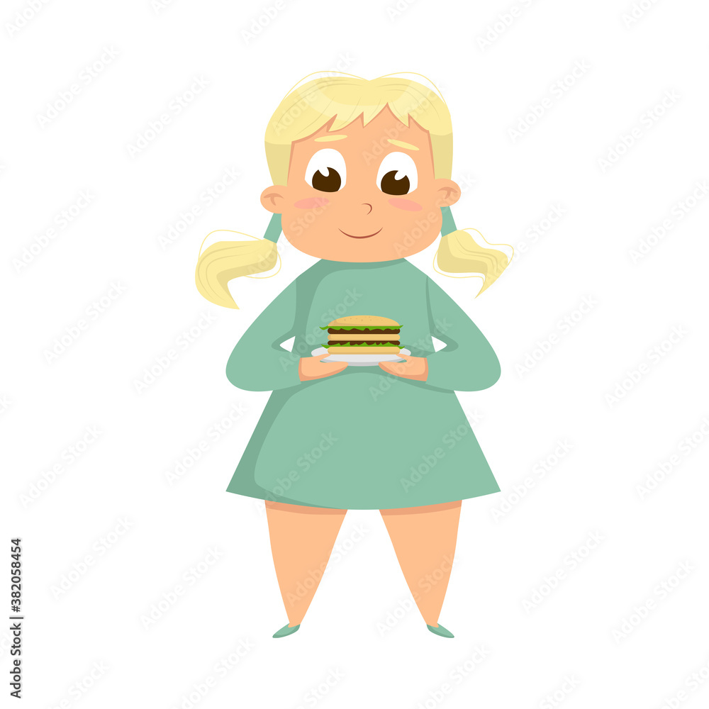 Overweight Chubby Girl Eating Burger, Cheerful Plump Unhealthy Kid Character with Fast Food Meal Cartoon Style Vector Illustration Overweight Chubby Girl Eating Burger, Cheerful Plump Unhealthy Kid Character with Fast Food Meal Cartoon Style Vector Illustration