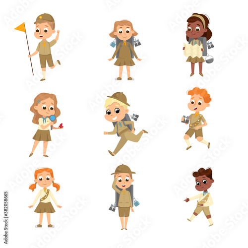 Cute Scouts Boys and Girls Set, Scouting Elementary School Students in Uniform, Summer Holiday Activities Concept Cartoon Style Vector Illustration