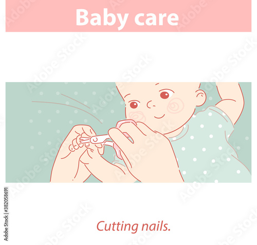 Baby care. Cutting nails of little child.