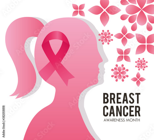 breast cancer campaign lettering with pink ribbon in head woman silhouette