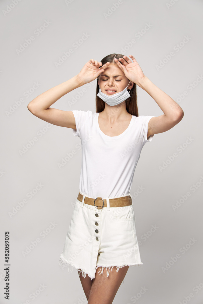girl with medical mask closed eyes headache safety health protection girl with medical mask closed eyes headache safety health protection