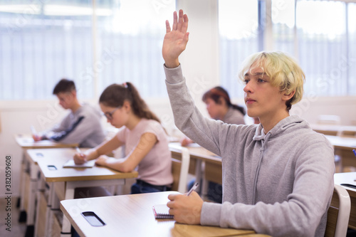 Portrait of smart teenage schoolboy raising hand to answer during lesson in college © JackF