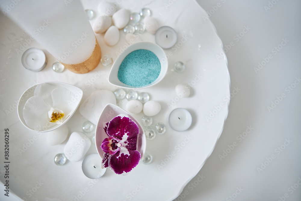 Beautiful flowers and accessories for spa procedure Beautiful flowers and accessories for spa procedure