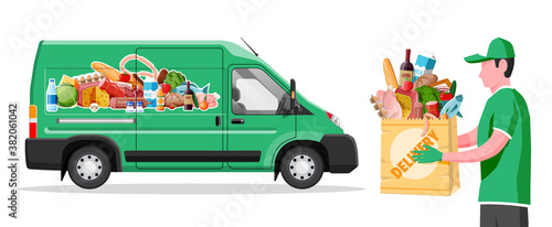 Delivery van full of food and courier. Concept of fast grocery delivery service. Supermarket, cafe, restaurant. Groceries products, bread, meat milk fruit vegetable drinks. Flat vector illustration