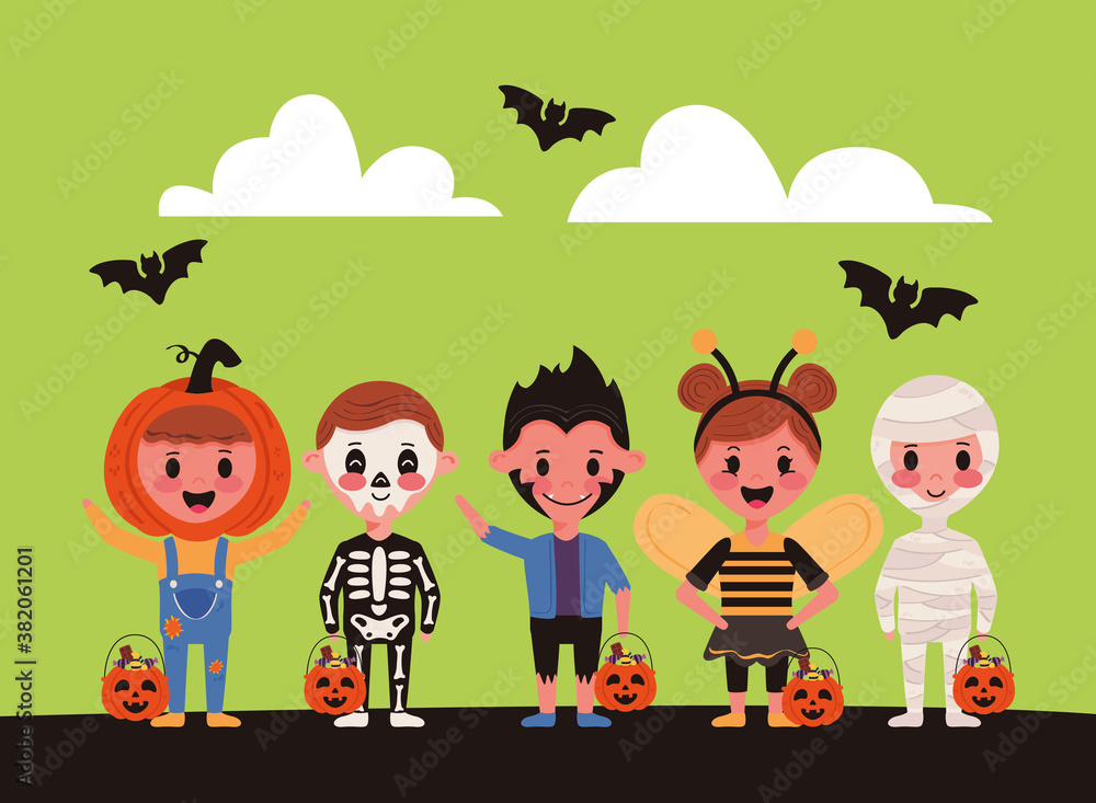 little kids with halloween costumes characters and bats flying
