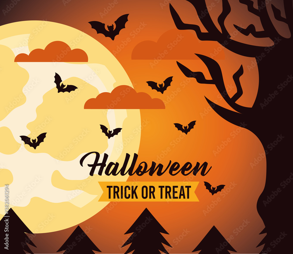 happy halloween celebration lettering with fullmoon and bats flying forest scene