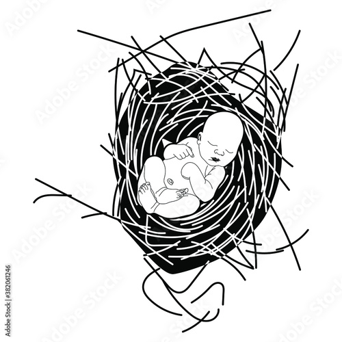 Newborn human baby sleeping in bird's nest. Black and white silhouette. Creative concept.