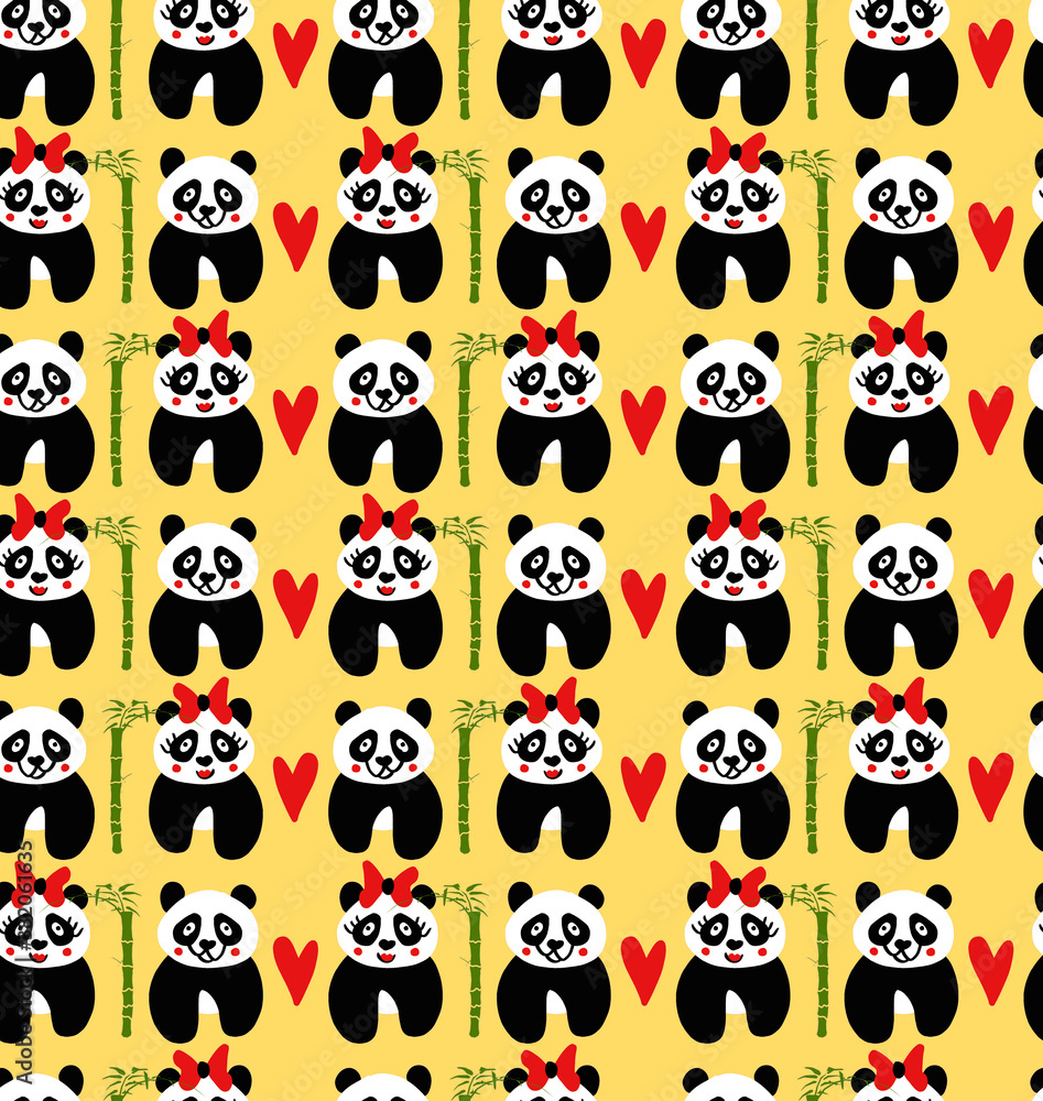 Obraz premium Abstract Cute Pandas and Hearts Repeating Children Pattern Isolated Background