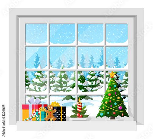 Cozy interior of room with window. Happy new year decoration. Merry christmas holiday. New year and xmas celebration. Winter landscape  tree  snow  village. Cartoon flat vector illustration.