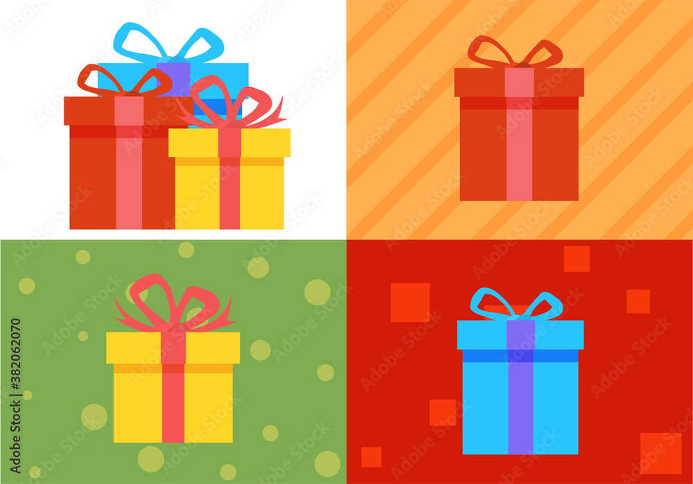 vector set of gift boxes with bows and ribbons on colored background vector set of gift boxes with bows and ribbons on colored background