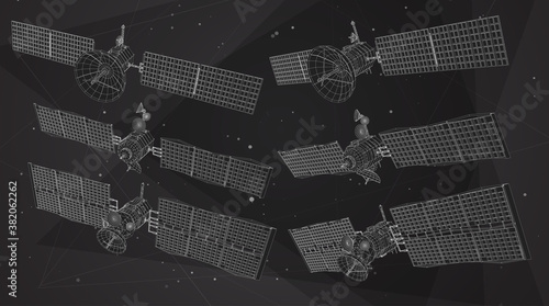 3d vector artificial earth satellite, 5g internet of the future from polygons and lines