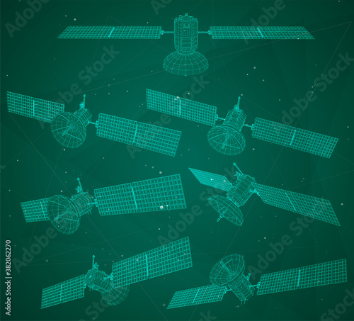 3d vector artificial earth satellite, 5g internet of the future from polygons and lines