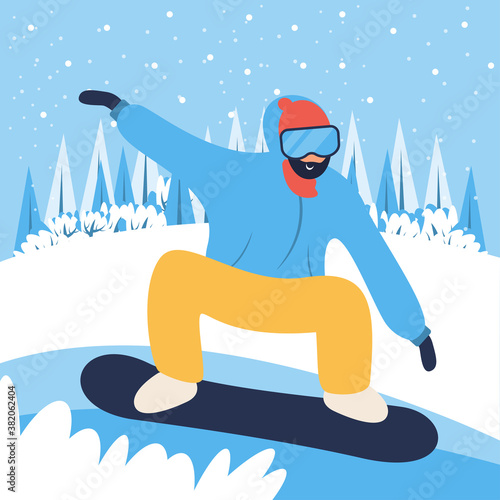 Snowboarding in winter landscape. Winter activities. Landing page template. Cute illustration in flat style.