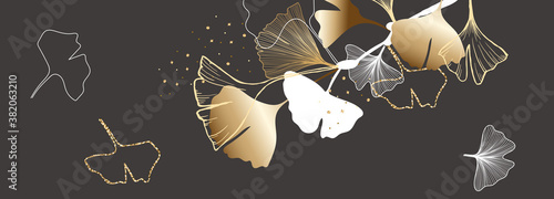 Luxury autumn and fall background vector with golden metallic ginkgo leaf decorate