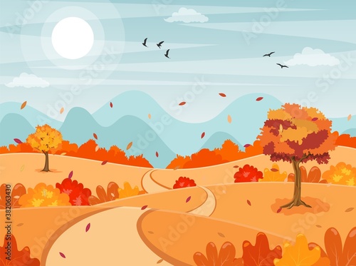 autumn fall cartoon landscape background. trees and hills on the plain. Vector illustration in flat style. © Rogatnev