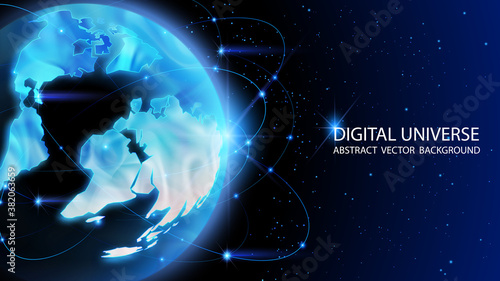 Vector. Map of the planet. Rays of energy.  World map. Global social network. Future.Blue futuristic background with planet Earth. Internet and technology. Floating blue plexus geometric background.