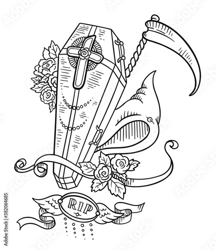 Coffin and flowers. Death scythe, hood. The funeral symbols. Halloween mysticism. Hand drawn sketch vector illustration.