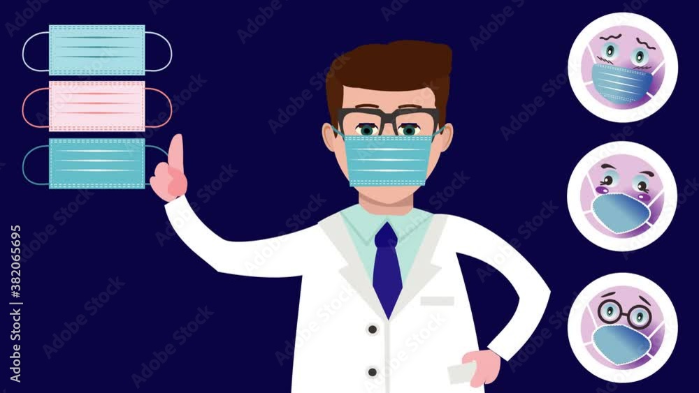 Emoji set wearing a protective mask and Doctor wearing a medical mask and pointing to it with her finger. Covid19 prevention, healthcare concept. 4k video animated Emoji set wearing a protective mask and Doctor wearing a medical mask and pointing to it with her finger. Covid19 prevention, healthcare concept. 4k video animated