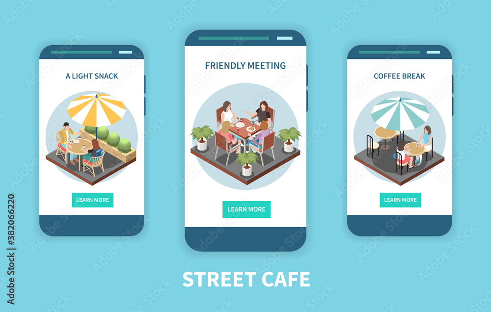 Street Cafe Terrace Isometric Banner Set Street Cafe Terrace Isometric Banner Set