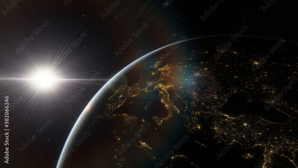 Nightly Earth in the outer space. Abstract wallpaper. City lights on planet. Civilization. 3D render
