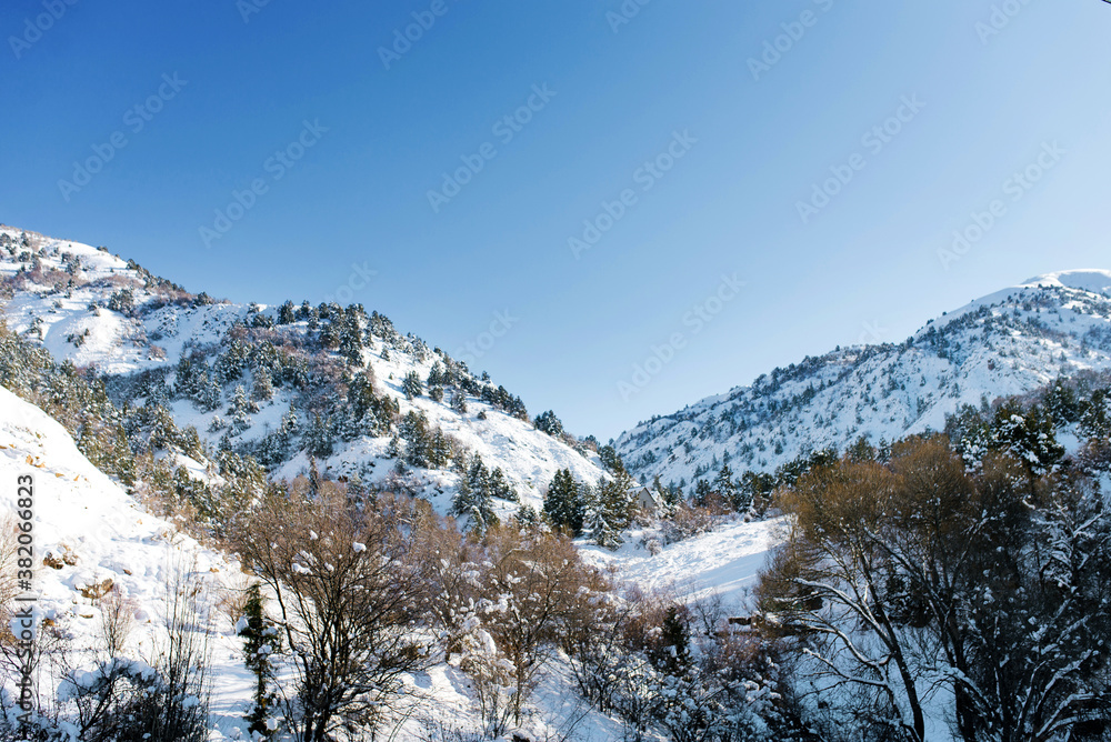 Tian Shan mountain system in winter in Uzbekistan. Winter Sunny day