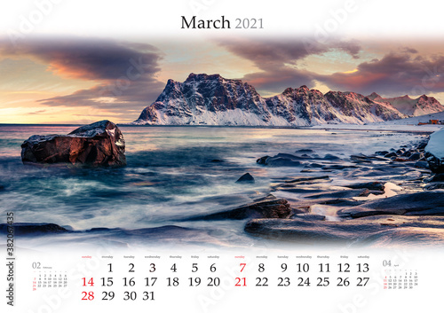 Calendar March 2021, B3 size. Set of calendars with amazing landscapes. Dramatic morning view of Haukland Beach, Vastvagoy. Spectacular sunrise on Lofoten Island, Norway, Europe. photo