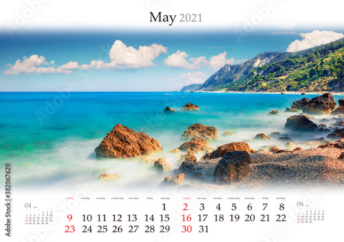 Calendar May 2021, B3 size. Set of calendars with amazing landscapes. Calm spring view of Avali Beach. Fantastic morning seascape of Ionian sea, Lefkada Island, Greece, Europe.
