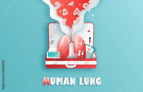 Human lung and treatment paper cut style. A concept hospital for wallpaper and web.