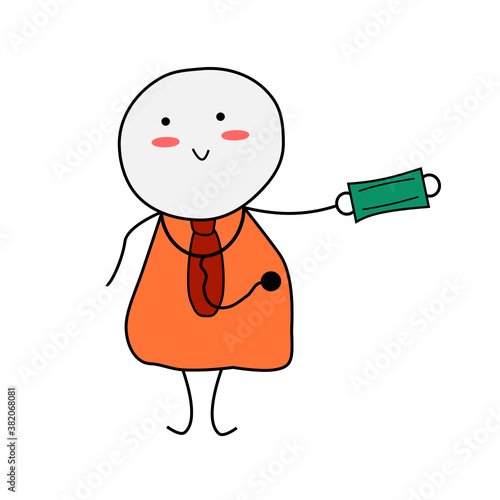 Cute cartoon doctor  and mask isolated on white background.