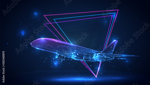 vector 3d aircraft from triangular polygons on a blue background