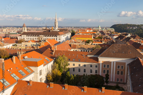 View of the rooftops of the historic Old Town of Budapest from a height. Hungary