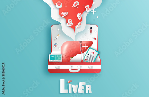 Human liver and treatment paper cut style. A concept hospital for wallpaper and web