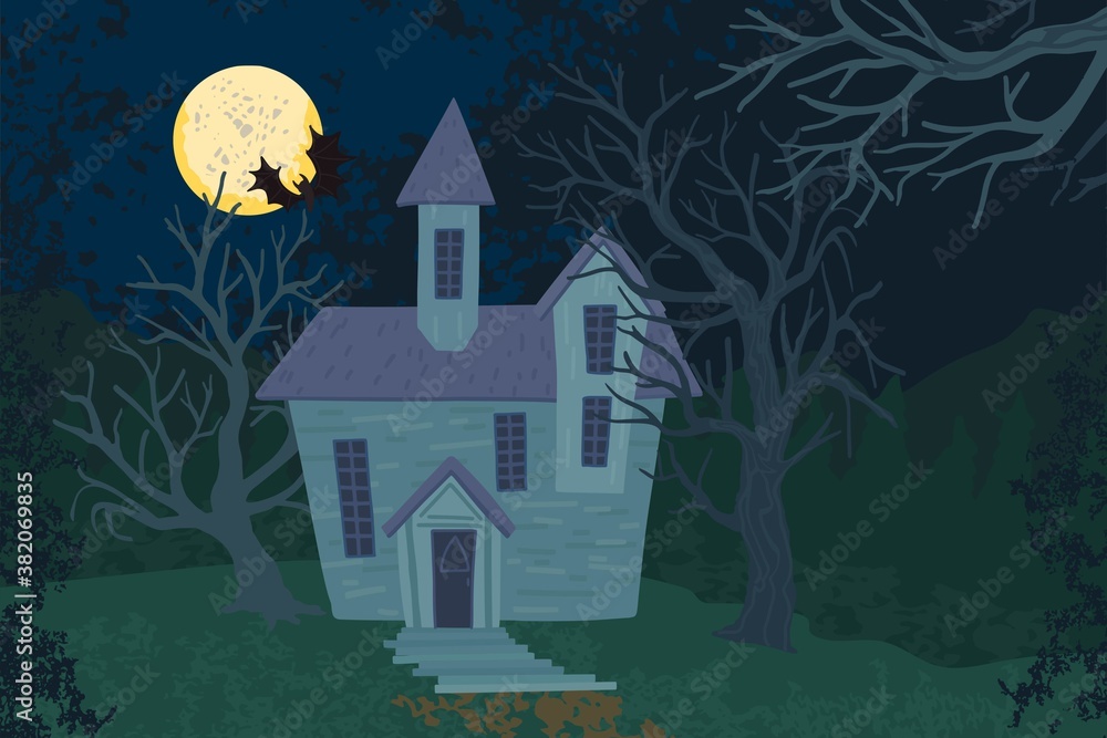 Landscape of an old house and bare trees at night. Full moon at night. Illustration for Halloween, background for poster. Vector cartoon illustration
