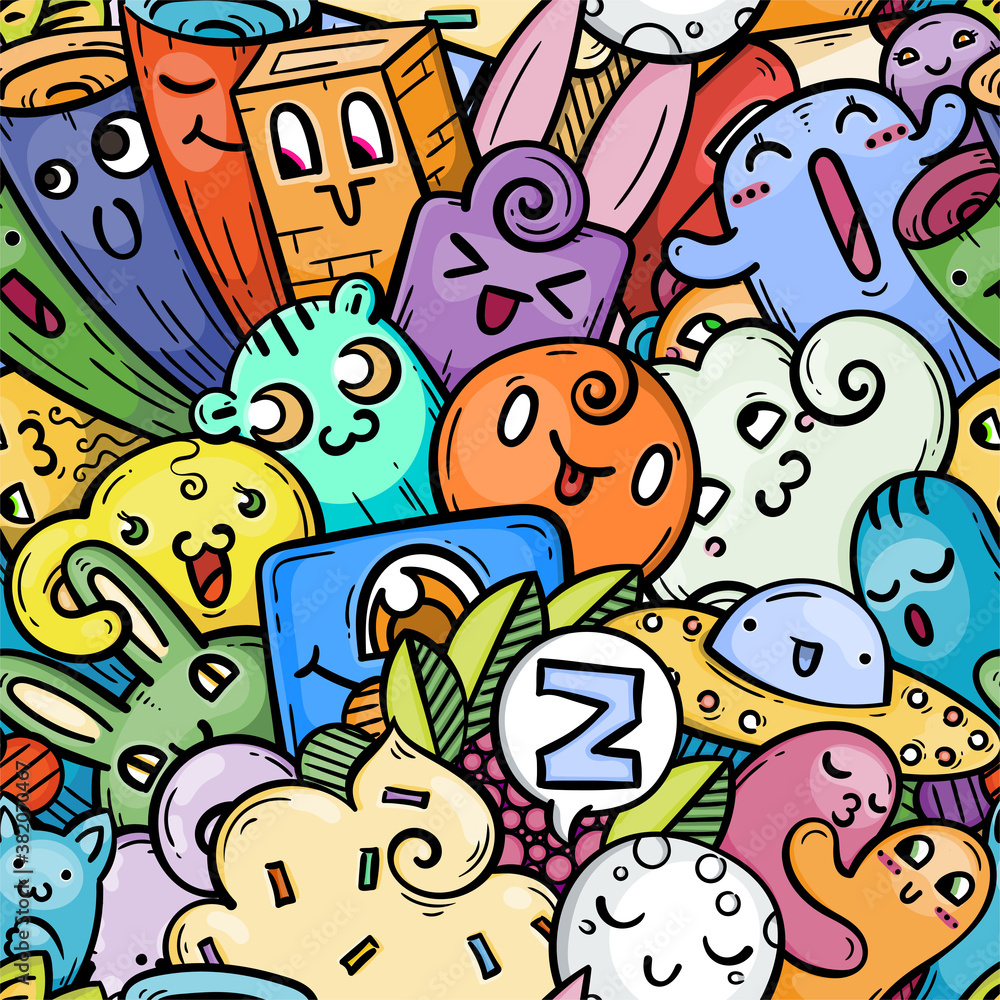 Kawaii doodle smiling monsters seamless pattern for child prints, designs and coloring books. Ufo, rabbits, cream and clouds