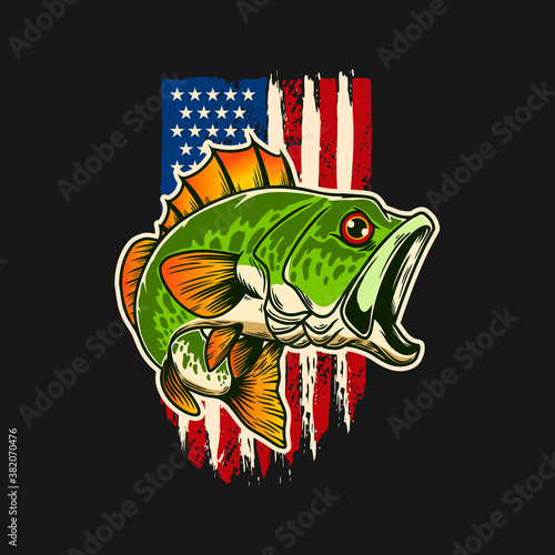 Illustration of bass fish of background of usa flag in grunge style. Design element for poster,card, banner, sign, emblem. Vector illustration
