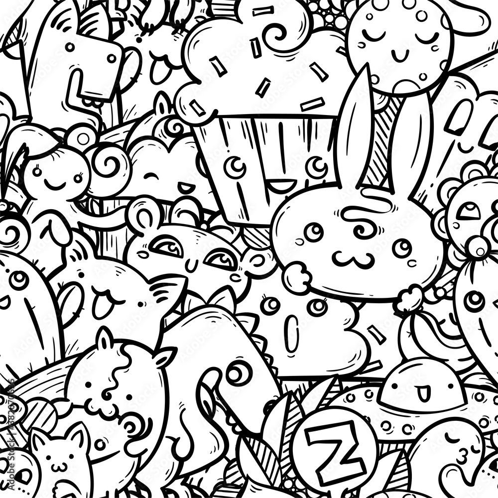 Nice doodle smiling creatures seamless pattern for child prints, designs and coloring books. Rabbit, cream, dino, cat, ufo, cactus