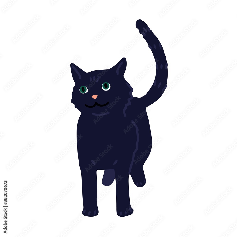 Simple drawing of a black cat. Unhappiness symbol icon. Fairy tale character. Cartoon drawing, vector illustration isolated on white background Simple drawing of a black cat. Unhappiness symbol icon. Fairy tale character. Cartoon drawing, vector illustration isolated on white background