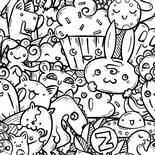 Nice doodle smiling creatures seamless pattern for child prints  designs and coloring books. Rabbit  cream  dino  cat  ufo  cactus