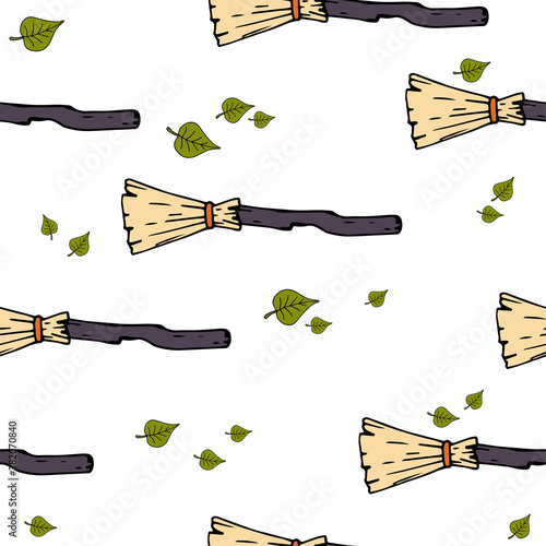 Happy Halloween vector seamless pattern. Broom background. Holiday colorful texture  for wrapping, wallpaper, textile, scrapbooking. Hand drawn vector illustration in doodle style