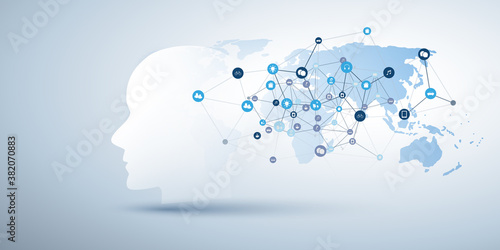 Machine Learning, Artificial Intelligence, Cloud Computing and IoT Networks Design Concept with Human or Robot Face Silhouette, Icons, World Map and Network Mesh