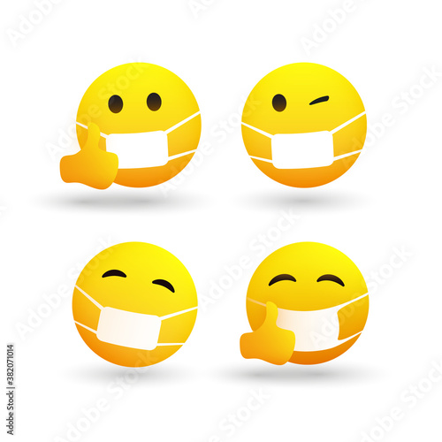 Set of Emoticons with Face Mask - Simple Shiny Happy Emoticon Clip-Art, Isolated on White Background - Vector Design