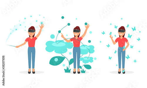 Young Woman Character in Augmented Reality Glasses Playing Game Vector Illustration Set